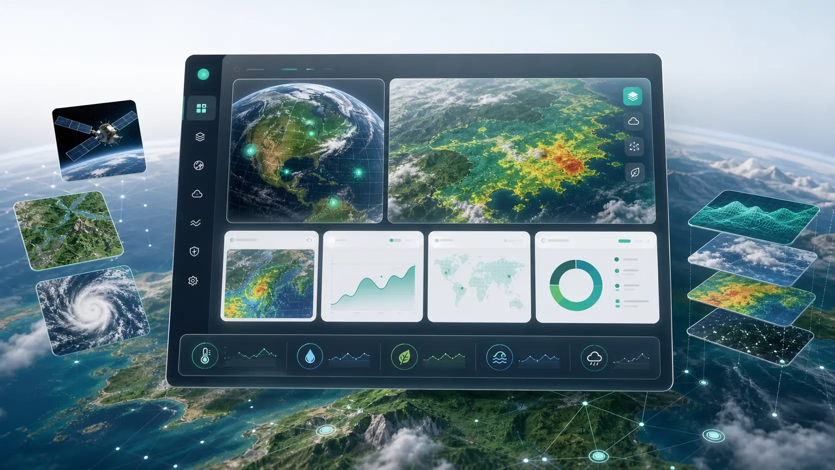 Integrated climate intelligence platform dashboard with geospatial, satellite, and risk analytics visualizations