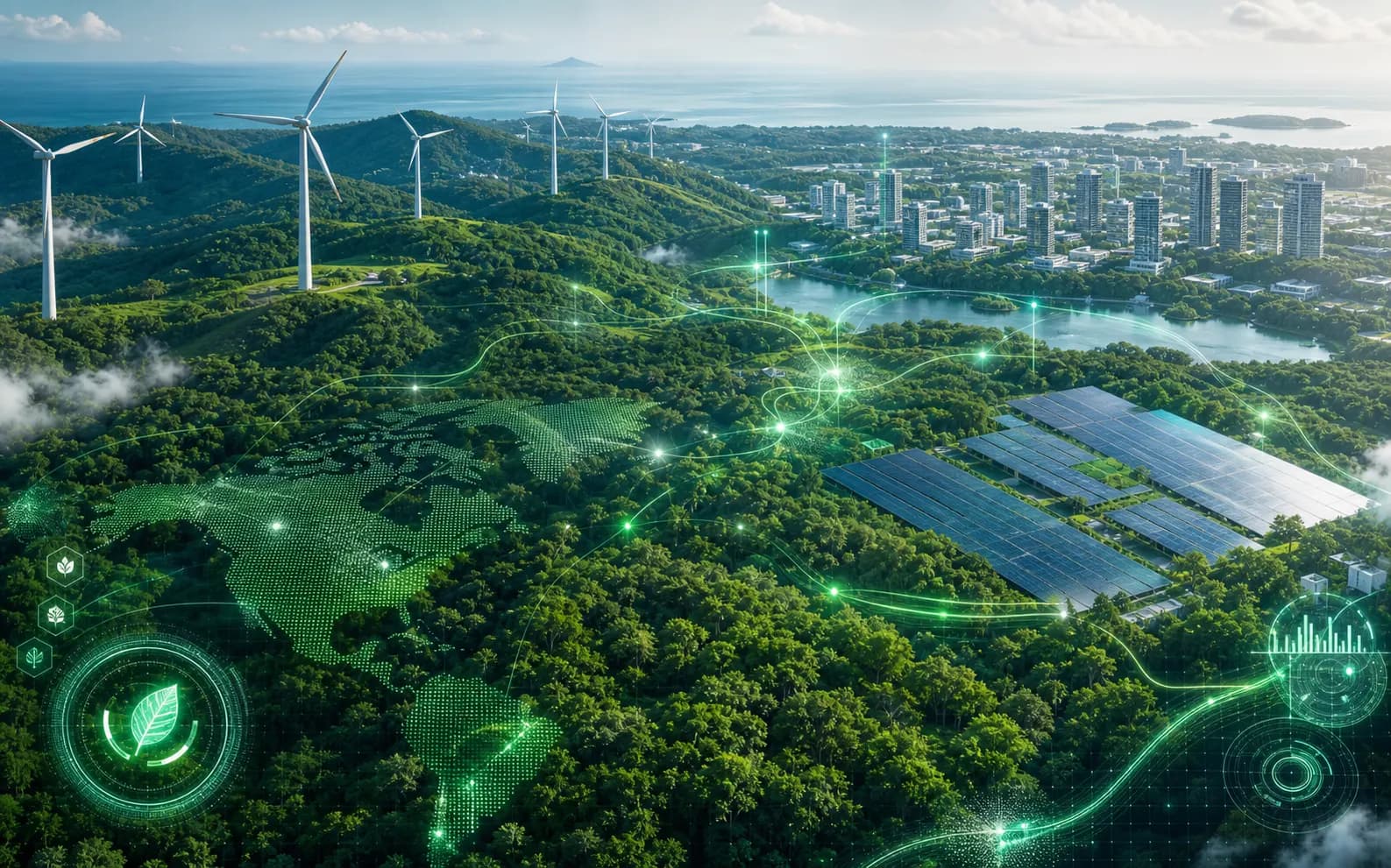 Sustainability and carbon intelligence visualization over forests, clean energy, and connected environmental layers