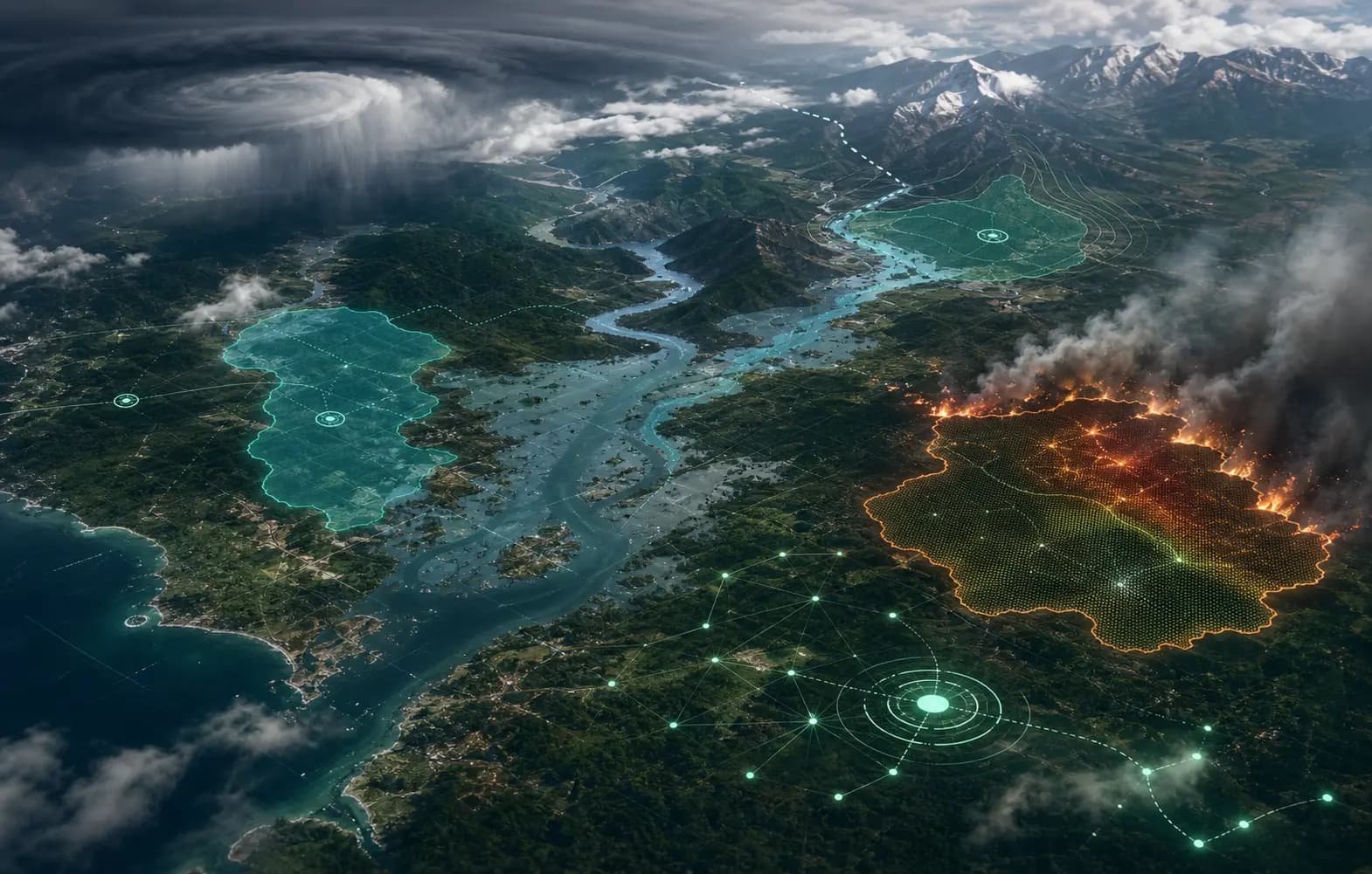 Disaster intelligence visualization with storm, flood, and hazard forecasting layers over terrain