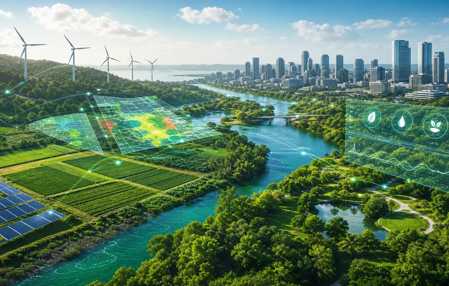 Sustainability analytics visualization over green infrastructure, farms, water, and renewable energy